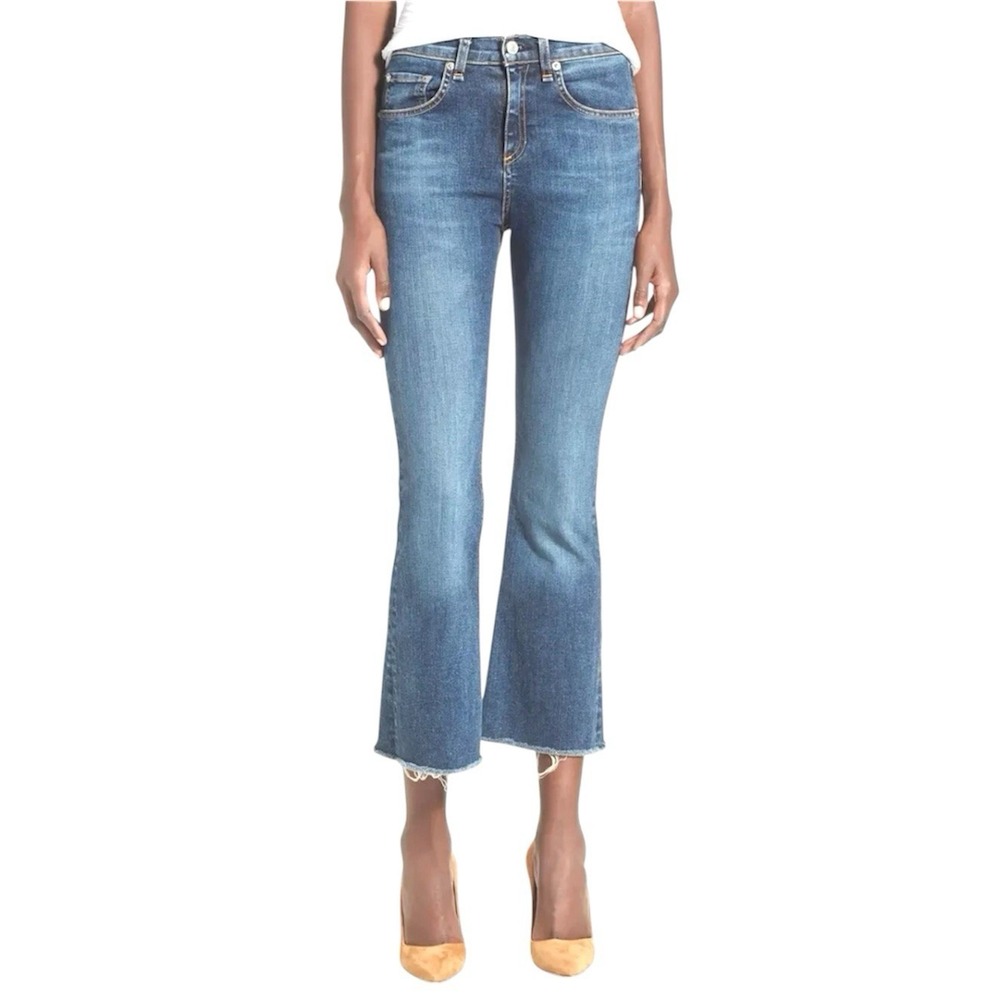 Rag & Bone Crop Kick Flare Mid Rise Jeans Size 24 Raw Hem Paz Wash W1594K520PAZ